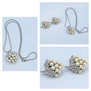 Vintage Necklace & Earrings Set Faux Pearls & Crystals #1706